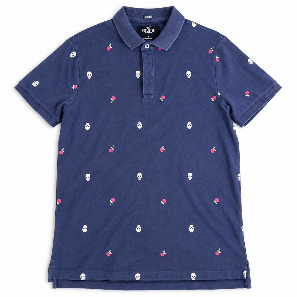 Hollister Mens Size M Epic Flex Polo Navy Skull Rose Embroidered Stretch Cotton
